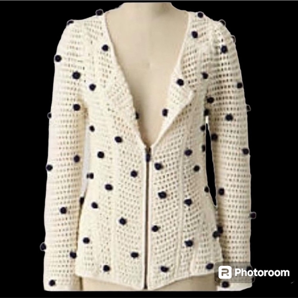 Crochet pompon zip front jacket